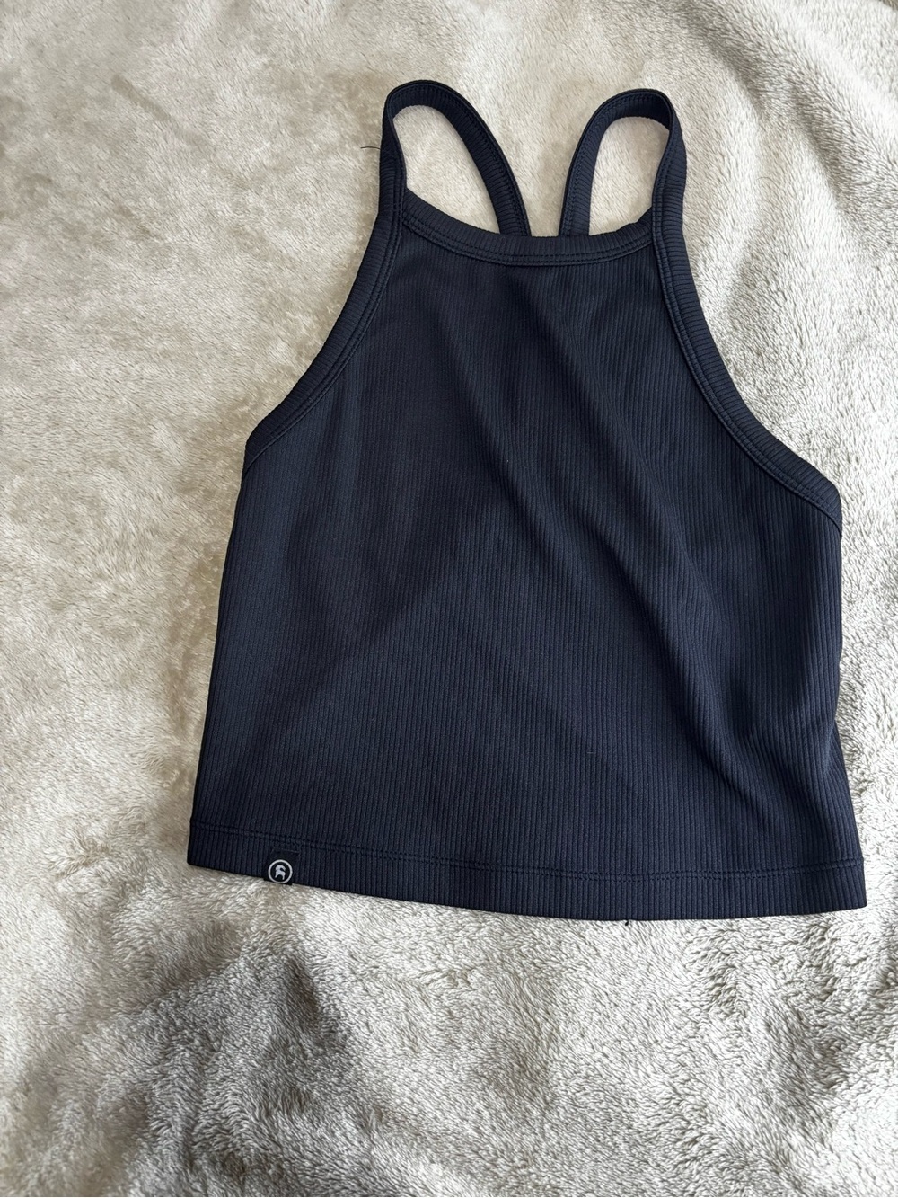 Sleek Black Ribbed High-Neck Tank with Double Straps